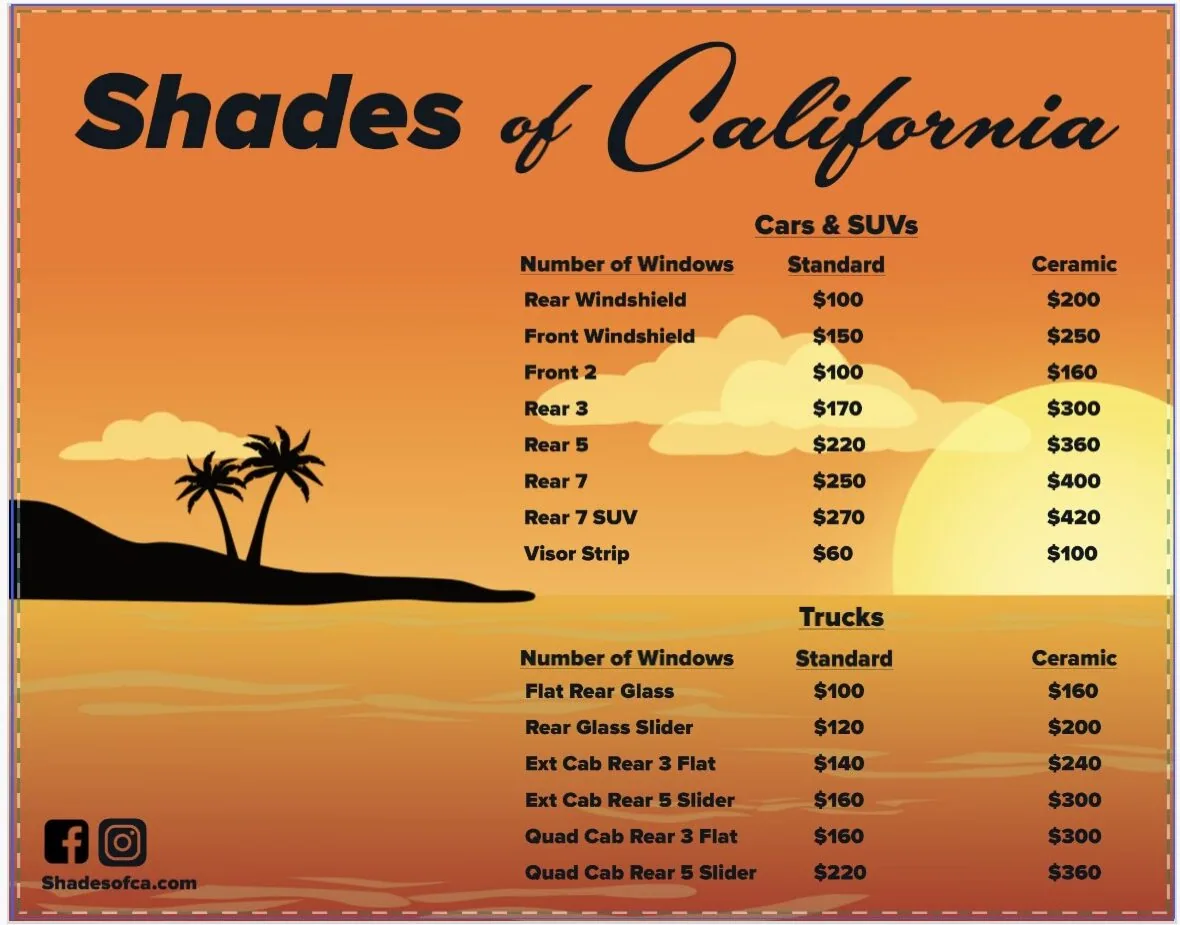 Pricing chart for window tinting services showing rates for cars, SUVs, and trucks with standard and ceramic options